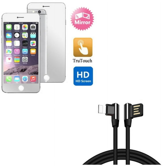 iPhone 8/7/6S/6 - 10ft Angle USB Cable w Mirror Screen Protector - Charger Cord Power Wire Sync 90 Degree, Film Display Cover for iPhone 8/7/6S/6