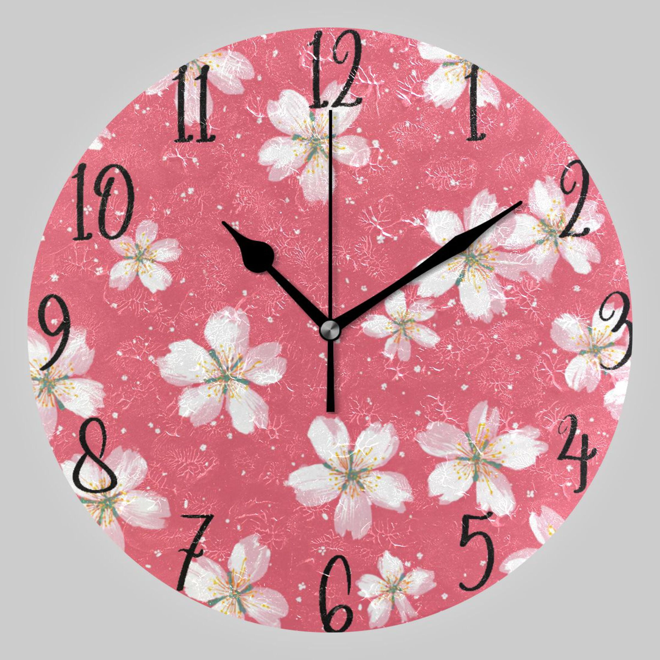 10" Quartz Indoor Wall Clock Silent Mechanism - Delicate Pink Cherry Pattern