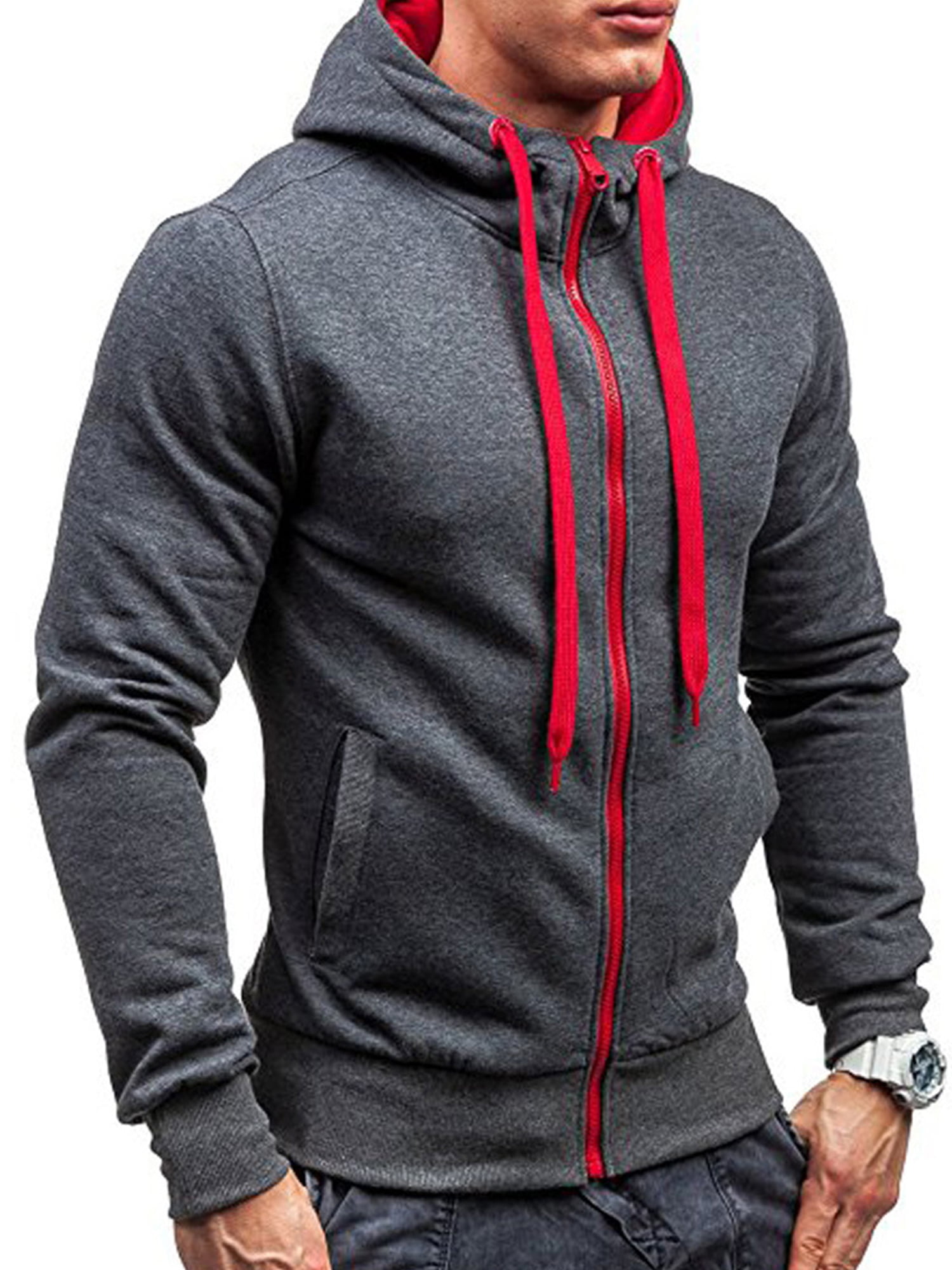Hoodies for Men with Designs Pullover.Mens Autumn Winter Pure Color Pocket Zipper Hooded Jacket Caps Top Coat 