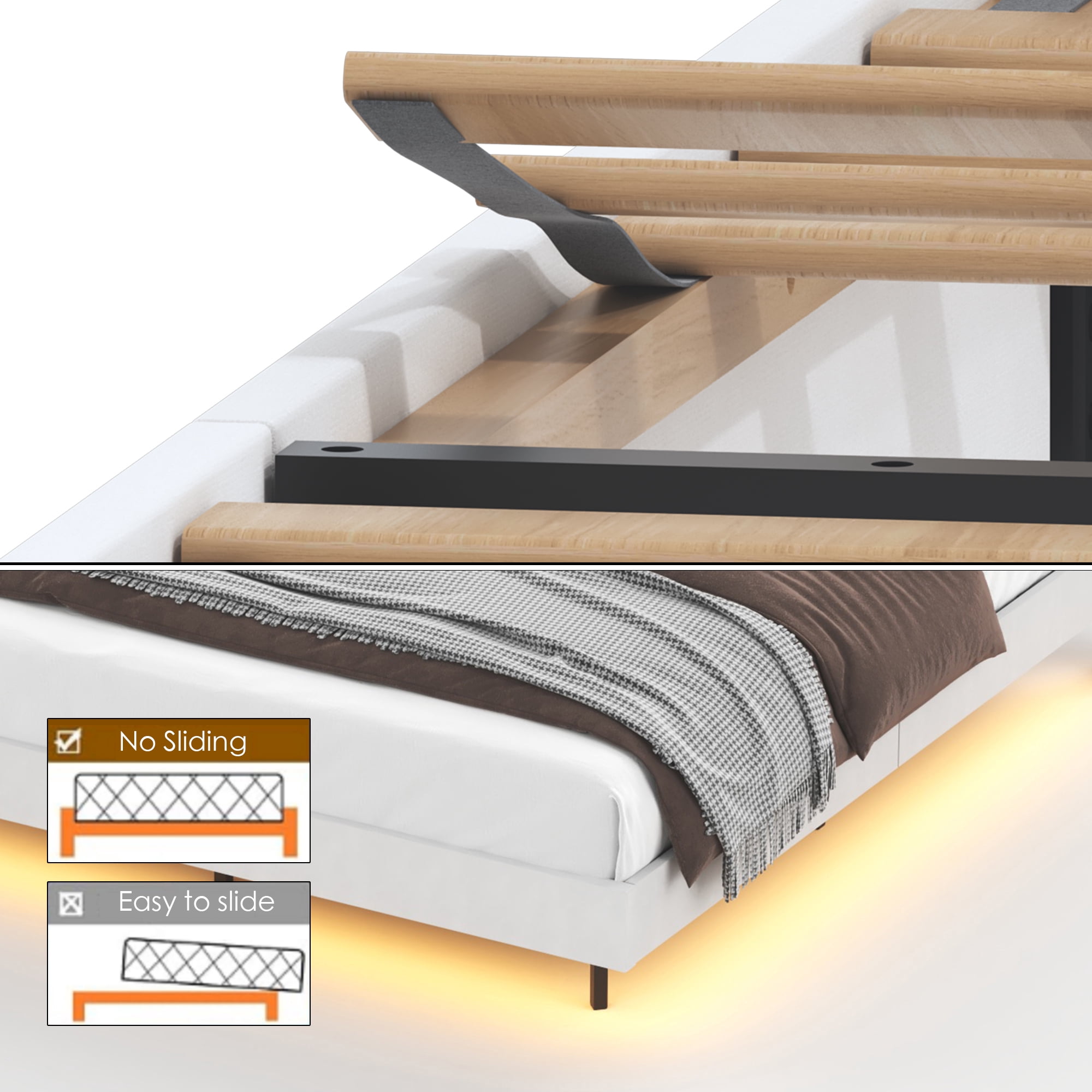 Queen Size Floating Bed Frame with LED Light and Charging Station, Upholstered Platform Bed Frame with Headboard and Hidden Storage Space, No Box Spring Needed,Beige
