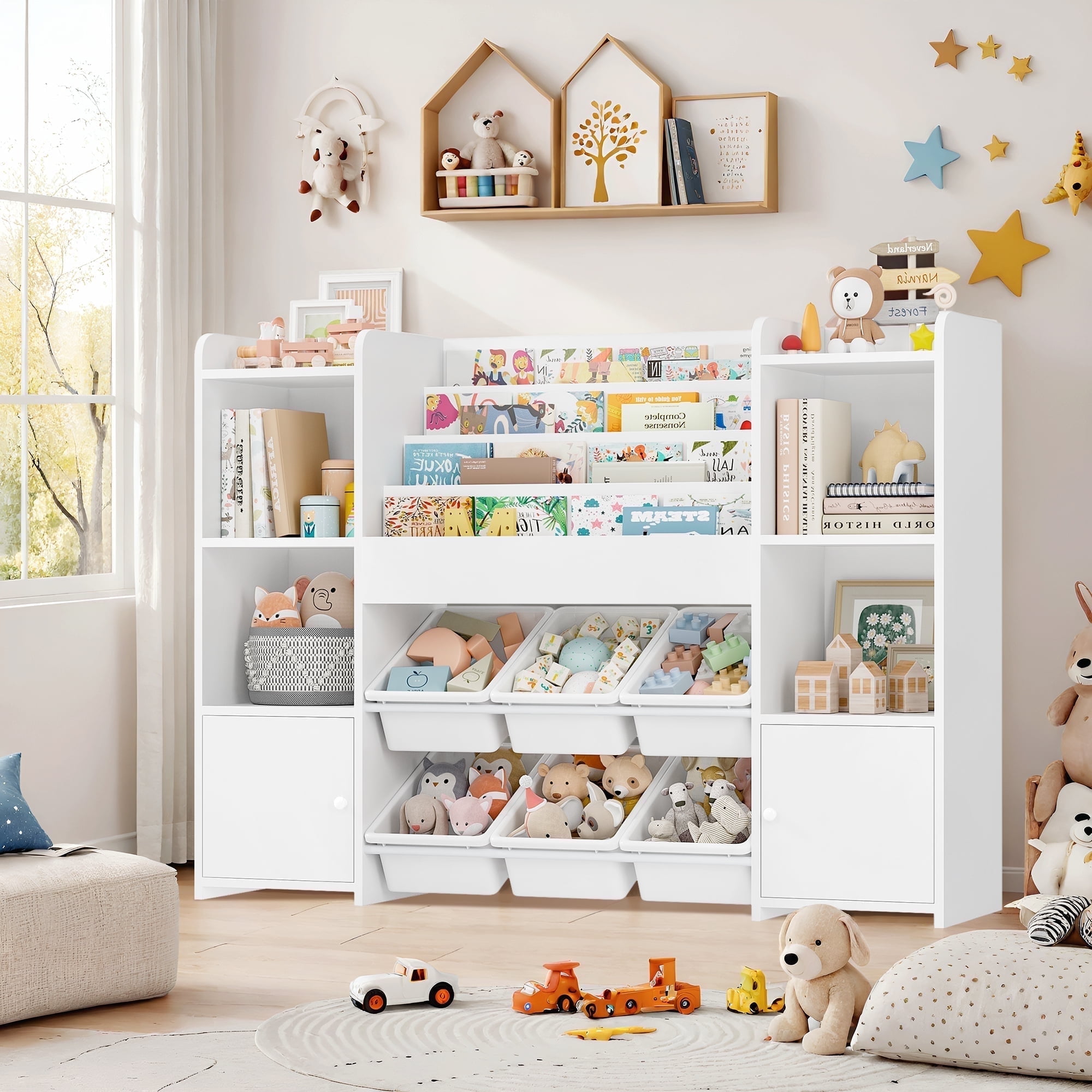 Hiphuta Kids Bookcase Toy Storage Organizer, Wooden Toy Chest for Kids with 6 Removable Toy Boxes, Kids Storage Bookshelf for Home Bedroom Playroom, White