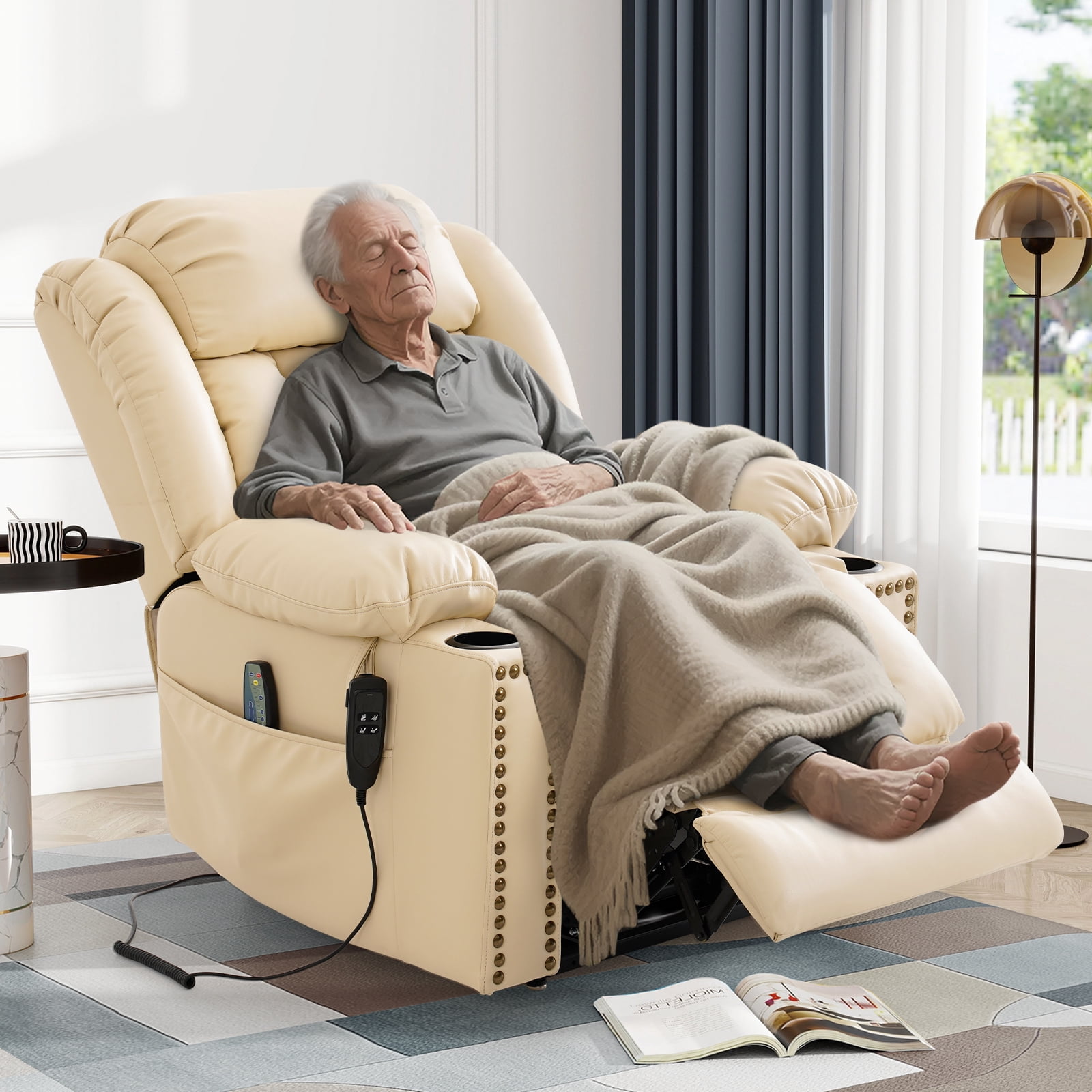 INGALIK Dual Motor Power Lift Recliner Chair, Infinite Position Lay Flat Recliners for Adult & Elderly with Heat & Massage, Cup Holder, Type-C Charge for Living Room, Leather (Beige)