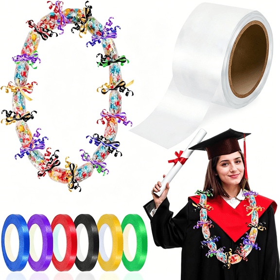 TUWAFE 2 Inch x 164 ft Poly Tubing Clear Graduation Candy Lei Tubing & 6 Rolls Ribbons for Graduation Party Supplies