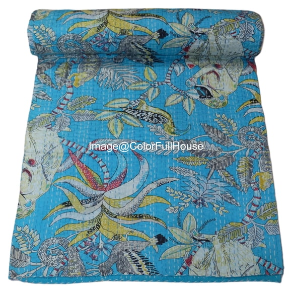 Indian Handmade Monkey Print Kantha Quilt,Village Gudri,Bedsheet, Bedspread, Traditional Indian Throw Blanket Size ( Single 60" x 90" )
