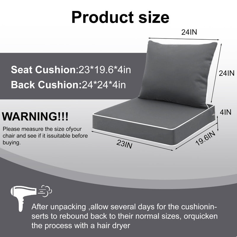 Outdoor deep seat chair cushions, 24inx20in, patio furniture cushions Replacement, Waterproof patio cushions for outdoor furniture（2pc Dark gray）