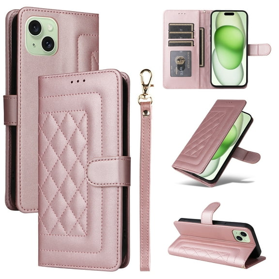 for iPhone 13 Wallet Flip Case, Classic PU Leather Card Slots with Lanyard Magnetic Closure Kickstand Drop Protective Soft TPU Inner Phone Case Cover for iPhone 13, Rosegold