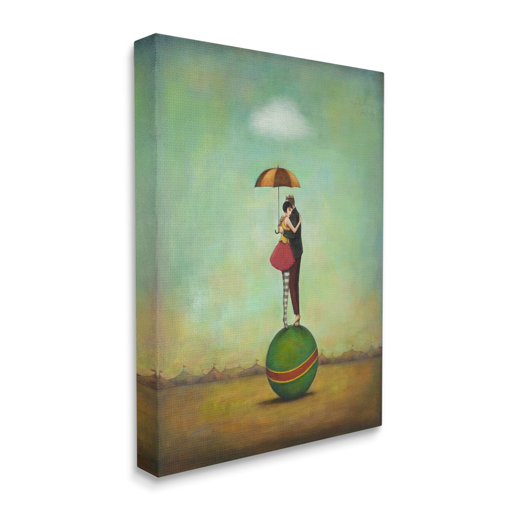 Surreal People & Umbrella Balancing Green Striped Ball Novelty Painting Gallery-Wrapped Canvas Print Wall Art