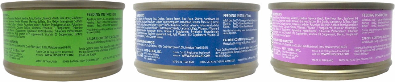 Fussie Cat Cat Food Pate, Fine Dining - Tuna Shrimp, Oceanfish Salmon, Mackerel Beef - 3 Pack (3 Ounces) | MerlinsMart Zine & Catnip Toy
