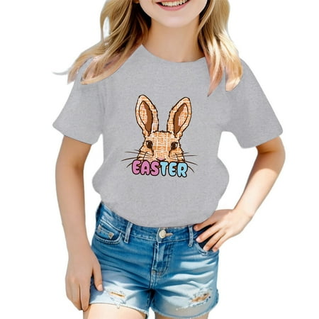

ZMHEGW Girls Spring/Summer Casual Short Sleeved T Shirt Easter Bunny Printed Round Neck Comfortable Children s Clothing