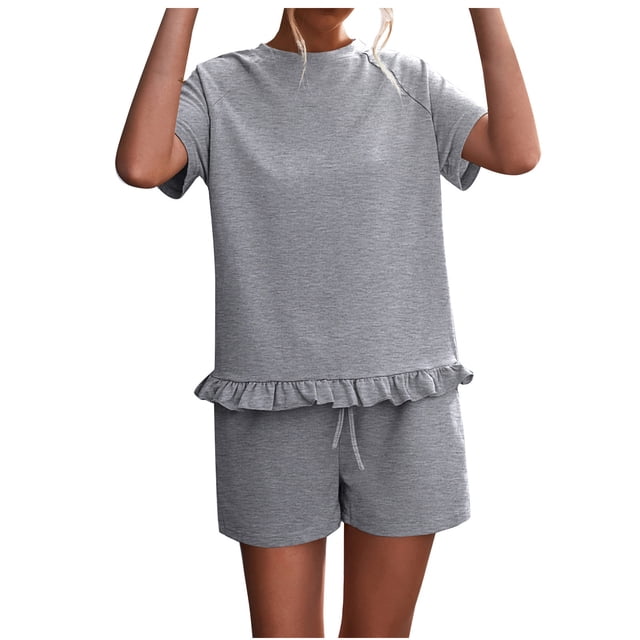 Birdeem Womens Spring and Summer Plain Round Neck Ruffle Short Sleeve Shorts Casual Suit