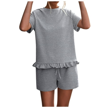 

Summer Jumpsuit Shorts Women s Rompers Short Sleeve Solid Color Drawstring Short Pants Pajamas Loungewear with Pockets (M Gray-C)