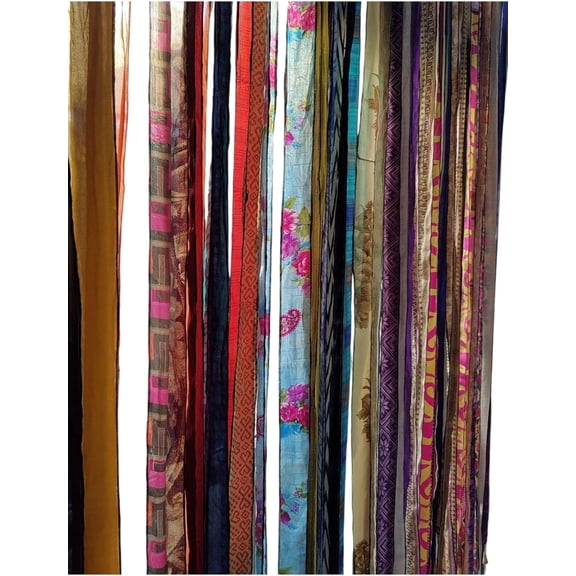 Hippie Bohemian Curtains - Multicolor Silk Ribbon Drapes, Light Filtering Rod Pocket Panels for Living Room, Bedroom, Room Divider, 85 x 45 Inch