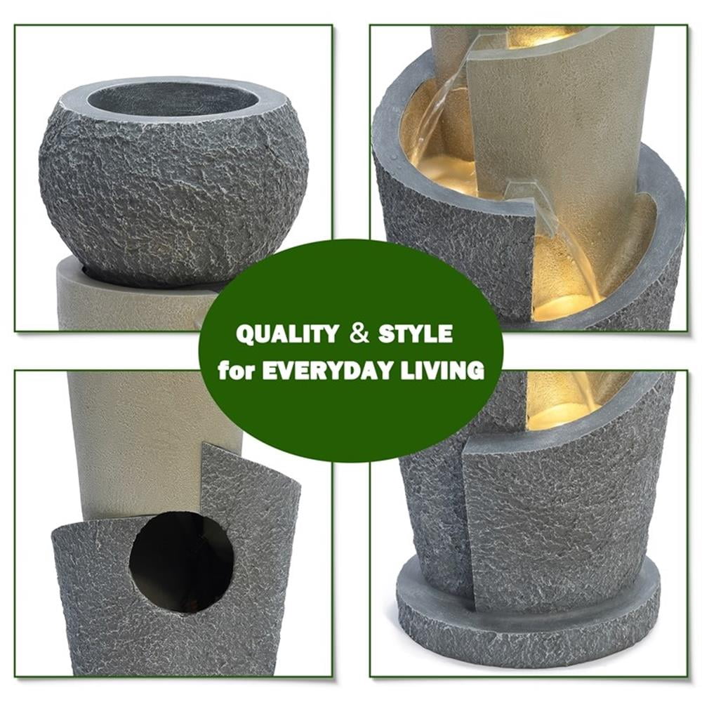 LuxenHome 27 Inch Gray Resin Cascading Spiral Outdoor Water Fountain with Lights