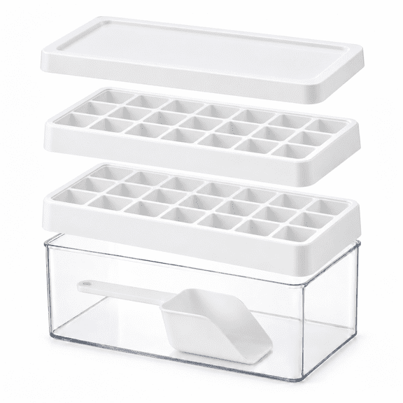 Ice Cube Tray with Lid and Bin, 56 Grid Ice Maker for Freezer with Ice Scoop, Large Ice Cube Molds, Easy Release Stackable Ice Storage Container for Whiskey, Cocktail, White