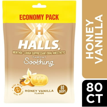 HALLS Throat Soothing Honey Vanilla Cough Drops, Economy Pack, 80 Drops