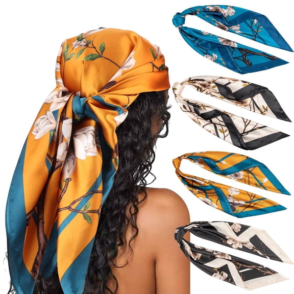 4Pcs 35” Large Square Satin Head Scarf Silk Squares Beach Bandanas for Women