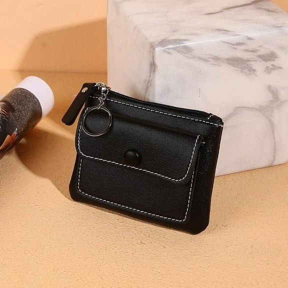 1Pc Zippered Card Holder with Keyring Coin Purse for Women Black 125x90x25mm