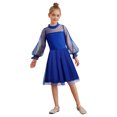thumbnail image 1 of inlzdz Robe en Maille Contrastée à Pois à Manches Longues Bouffantes pour Filles, Décontractée, Ligne A Évasée, Patineuse, Robe de Fête, Bleu 150, 1 of 7