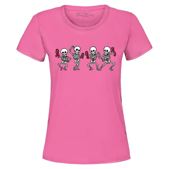 Shop4Ever Women's Skeletons With Pink Ribbons Graphic T-Shirt Medium Azalea Pink