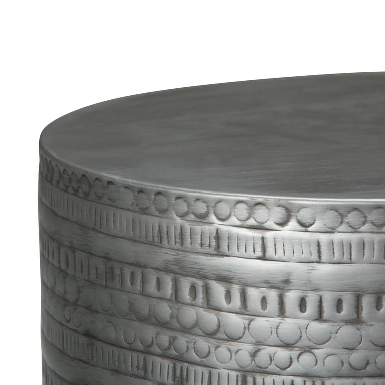 SIMPLIHOME Johnsen Metal Accent Table - 15" Round, Antique Silver Tribal Pattern, Fully Assembled Boho End Table