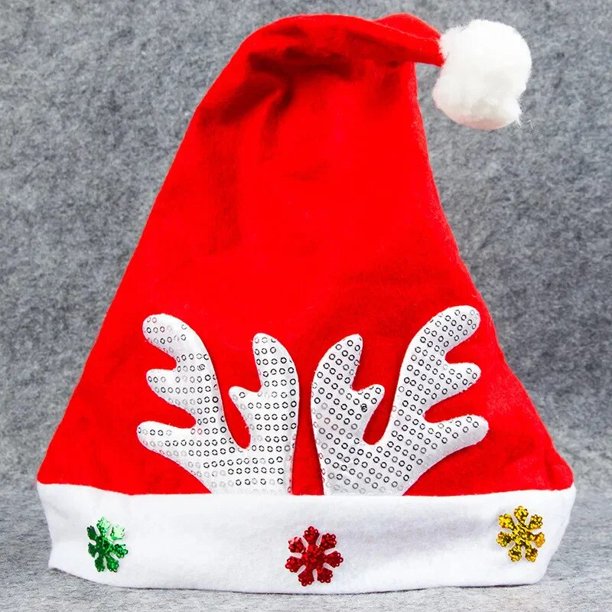 Sombreros de Navidad con lentejuelas, cuernos de ciervo, copos de nieve, terciopelo rojo, puños blancos