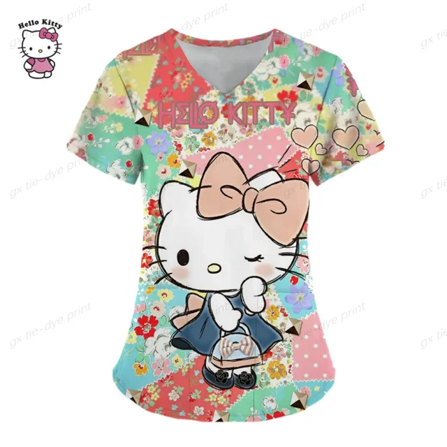 Uniforme de enfermera Kawaii para mujer, Tops con estampado de Hello Kitty, monos de manga corta con bolsillo, blusa médica de enfermería
