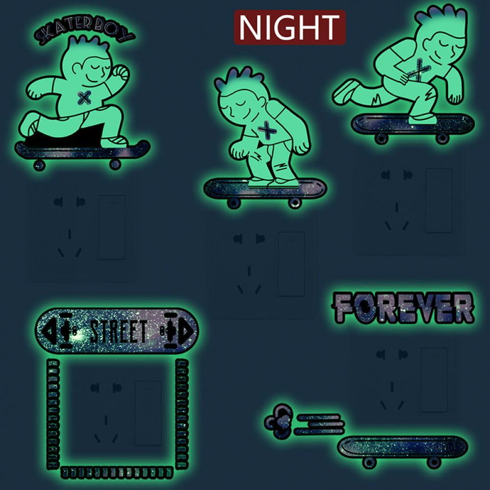 Glow in The Dark Playing Skateboards Sports Wall Decal Home Sticker House Decoration Wallpaper Living Room Bedroom Art Picture DIY for Kids Teen Senior Adult Nursery Baby（One Sheet of 5 styles）