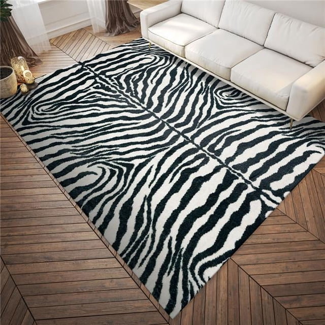 HomeRoots 491641 8 x 10 ft. Black & White Zebra Print Shag Handmade Non Skid Rectangle Area Rug