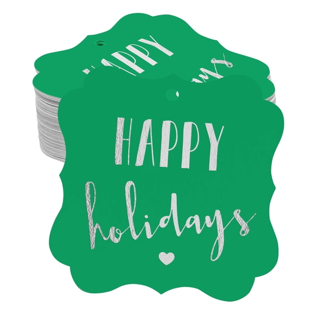 Inkdotpot Real Silver Foil Happy Holiday Tags Favor Bracket Shape Hang Pack Of 100 Paper Tags