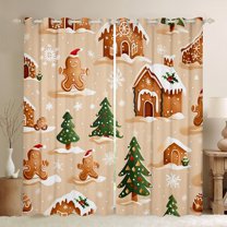 Manfei Lovely Gingerbread House Black Out Curtains for Kids, Green Christmas Tree Curtains Pack of 2 (42x63 Each), Brown Xmas Theme Bedroom Curtains Luxurious Home Decor