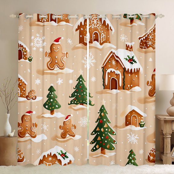 Manfei Lovely Gingerbread House Black Out Curtains for Kids, Green Christmas Tree Curtains Pack of 2 (42x63 Each), Brown Xmas Theme Bedroom Curtains Luxurious Home Decor