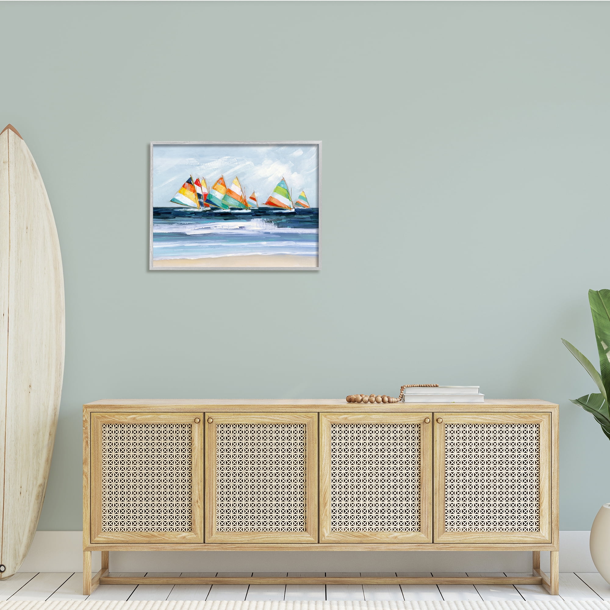 Stupell Industries Shoreline Sailboat Race Striped Sails Coastal Painting, 30 x 24, Design by Sally Swatland