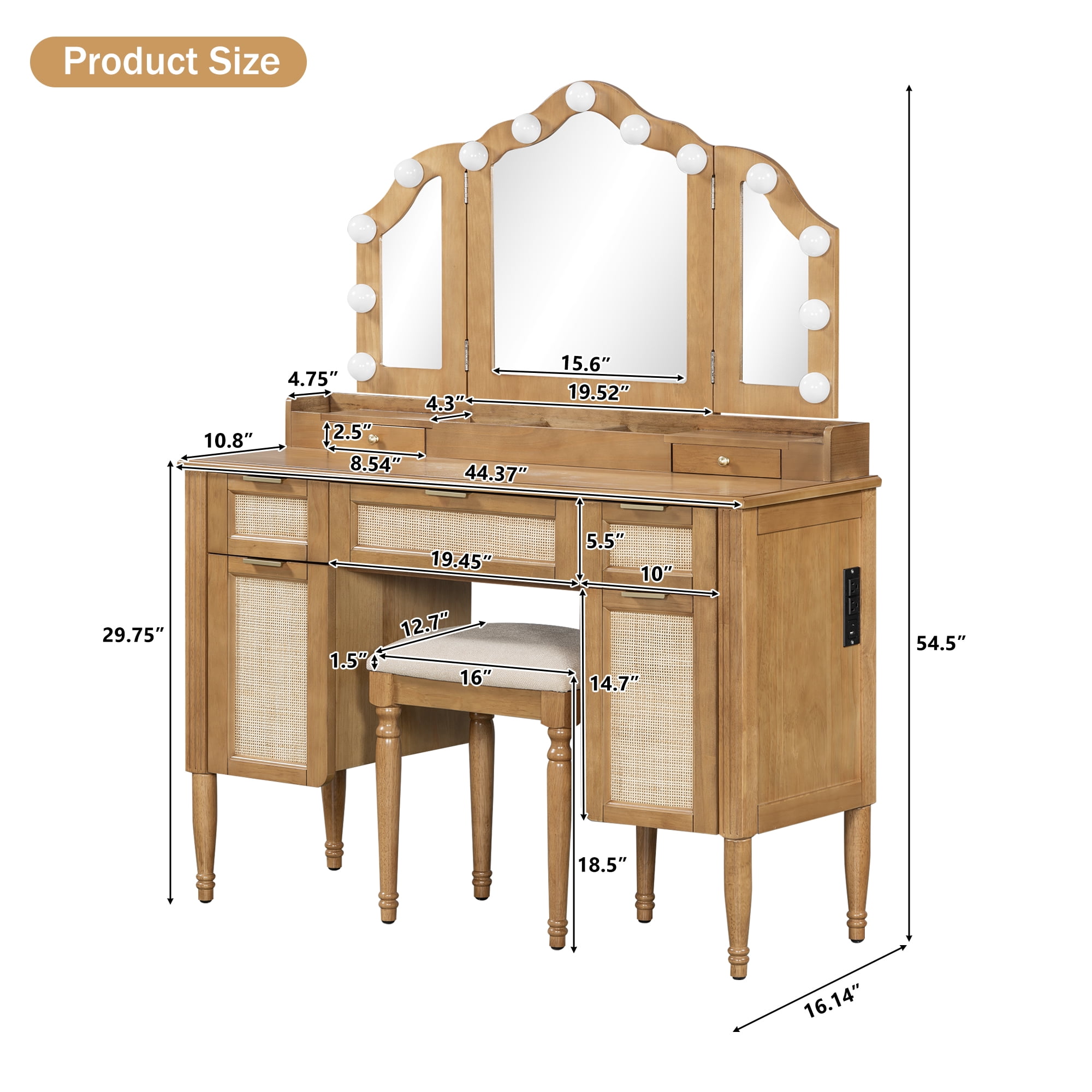 Mintazer 44" Makeup Vanity Set with Tri-Fold LED Mirror & Charging Station, Dressing Table with 5 Drawers & 2 Cabinets and Stool, Makeup Vanity Desk with Hollywood Bulbs for Bedroom, Natural