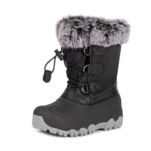 NIPAXO Kids Snow Boots Waterproof Winter Boots All Black Faux Fur Collar Bungee Lacing Outdoor Cold Weather Winter Boots for Boys Girls
