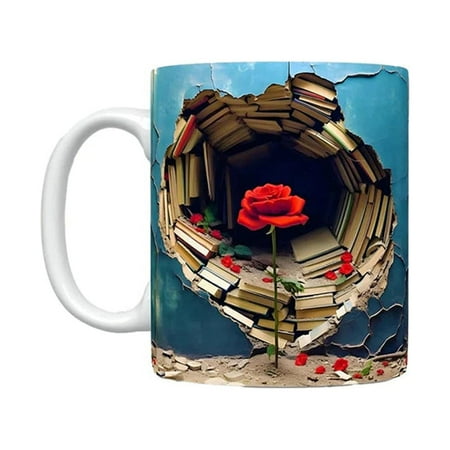 

ZEMIKANIOR Beautiful Rose Cup For Valentine s Day Rose Flower Cup That Through The Wall Interesting Printed Cup With Books And Flowers Valentine s Day Divided Glass Food Storage Containers