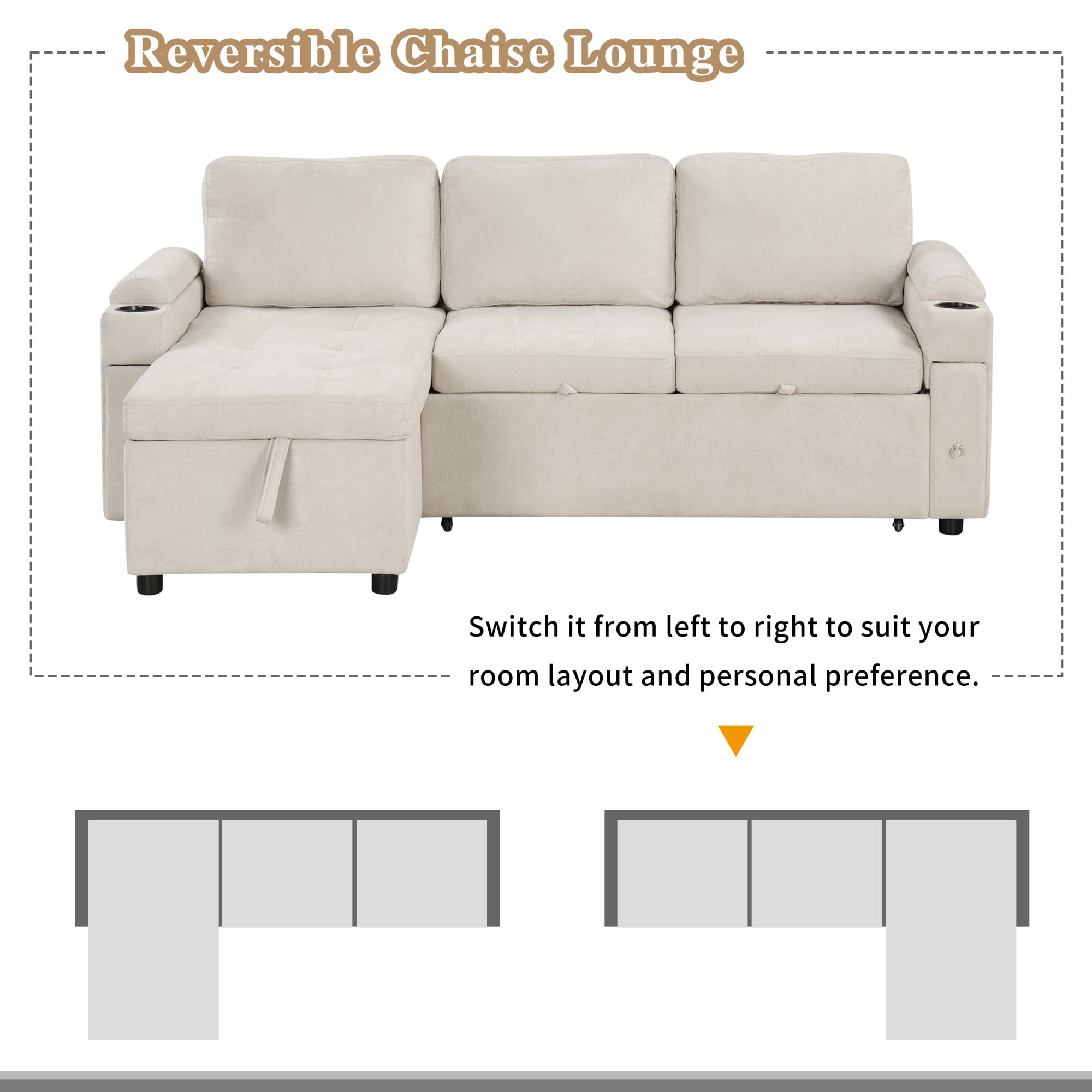 83.5" L-shaped Sofa Couch Convertible Sofa Bed Sectional Sofa Pull Out Bed with Two Cup Holders and Two USB Ports for Living Room,Beige