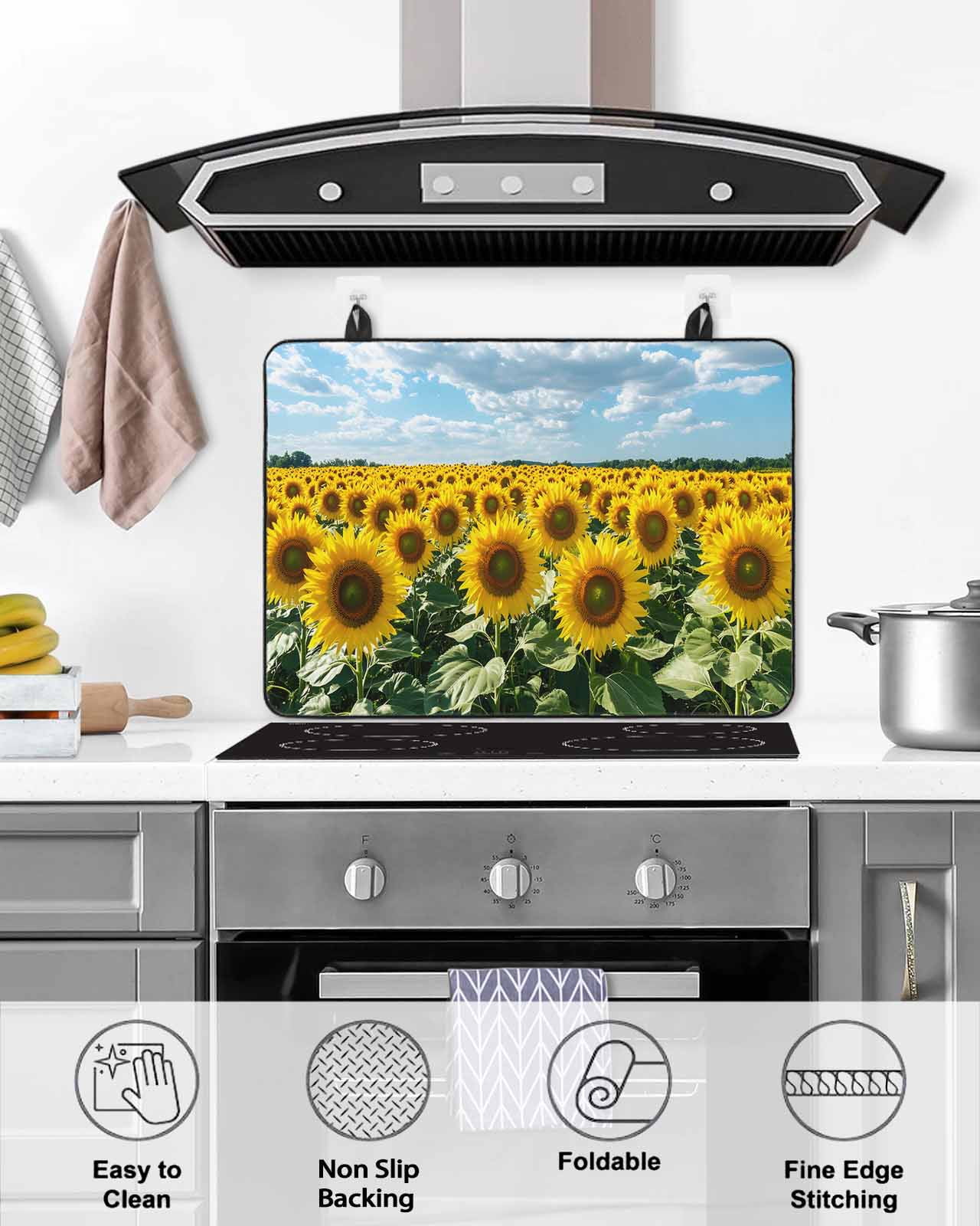 nqOlkjepod Large Induction Cooktop Protector Mat 24"x21", Turmeric Sunflowers Stove Top Covers for Electric Stove, Spring Floral Blue Sky Country Farm Stove Burner Cover Mats, Glass Top Stove Cover