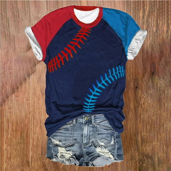 Quinlirra Womens Tops Clearance Under $5 Women's Baseball Printed Casual Round Neck Printed Short Sleeved T-shirt Top