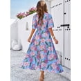 thumbnail image 4 of Vestido con estampado floral de rayón de algodón azul para mujer, vestido vintage con escote en V, vestidos largos bohemios, ropa de playa bohemia de verano, 4 of 5