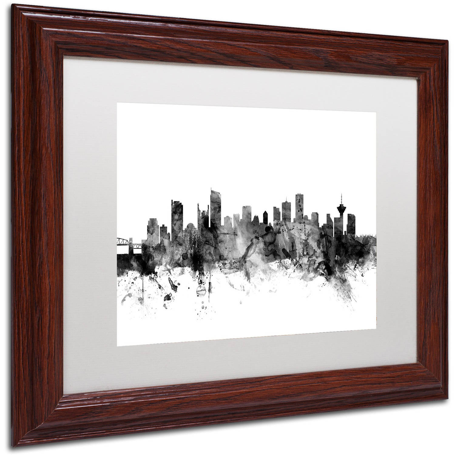 Trademark Fine Art "Vancouver Canada Skyline B&W" Canvas Art by Michael Tompsett, White Matte, Wood Frame