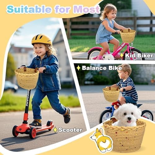 Kids Bike Basket Rope Woven Front Bicycle Basket for Boys Girls Kids Front Handlebar Basket for Scooter,Balance Bikes Cute Bike Basket with Colored Spots