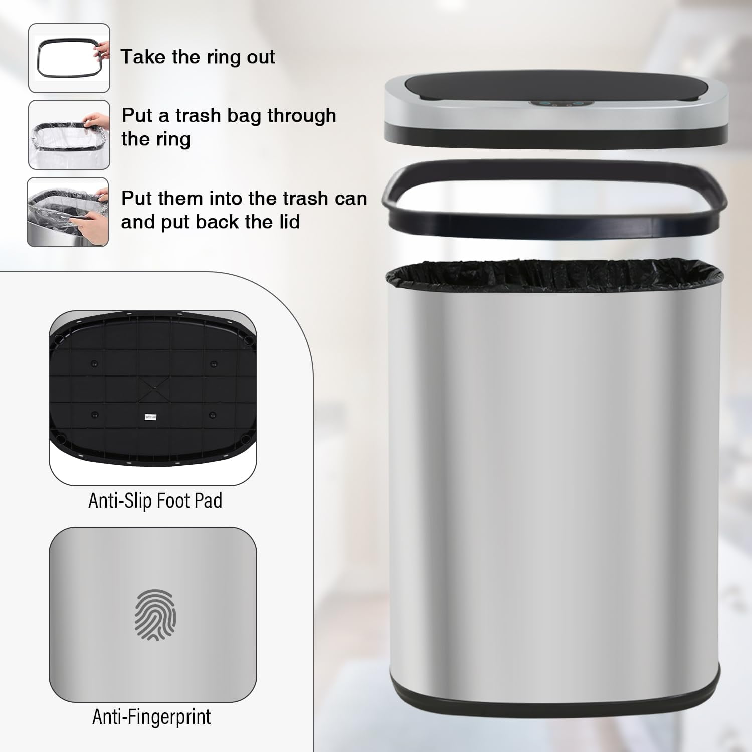 PayLessHere 13Gal Touchless Trash Can - Stainless Steel Auto Lid for Kitchen, Silver