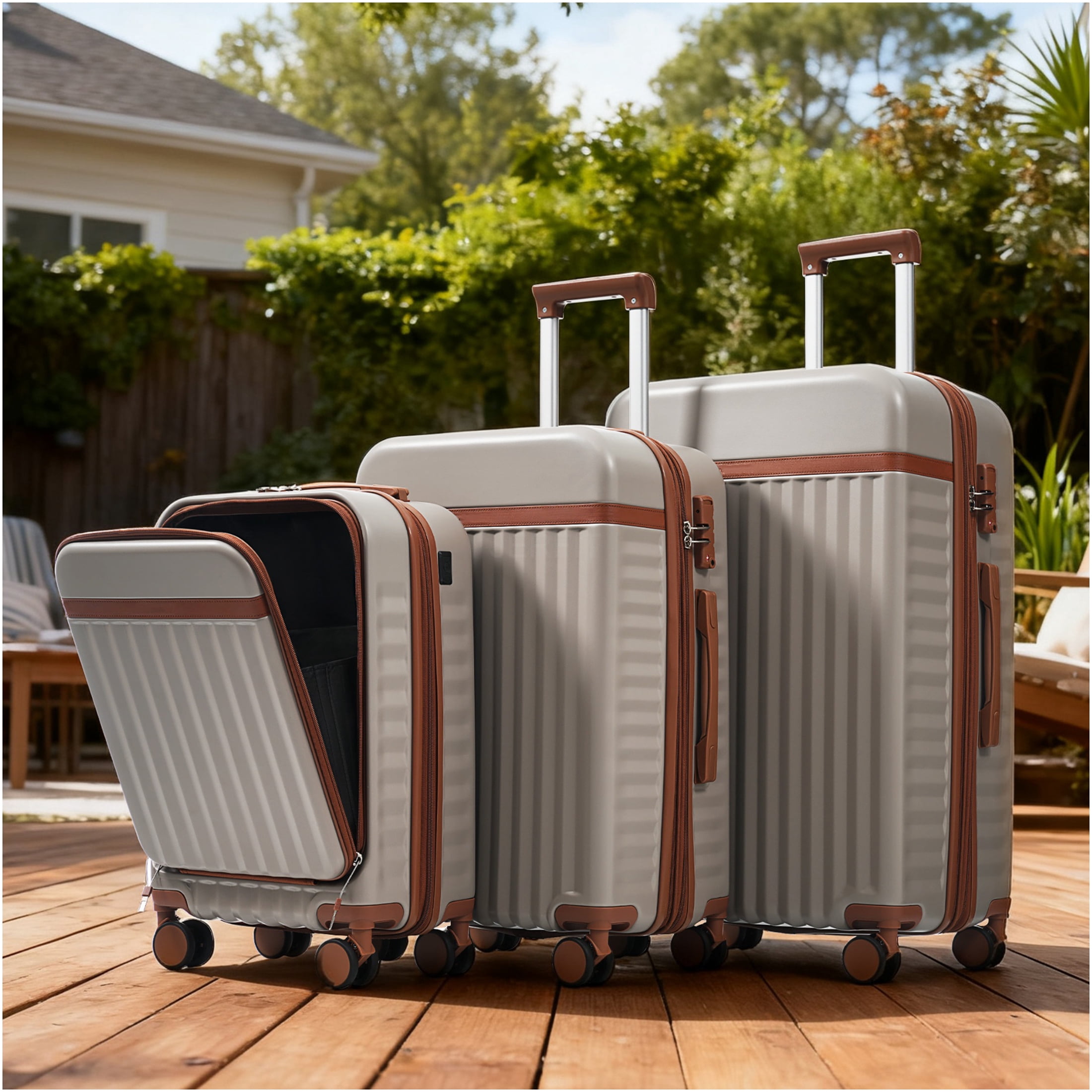 JERFIT 3-Piece ABS Hard Shell Luggage Set with USB Port & TSA Lock, Front-Opening Carry on Spinner Suitcases for Effortless Travel
