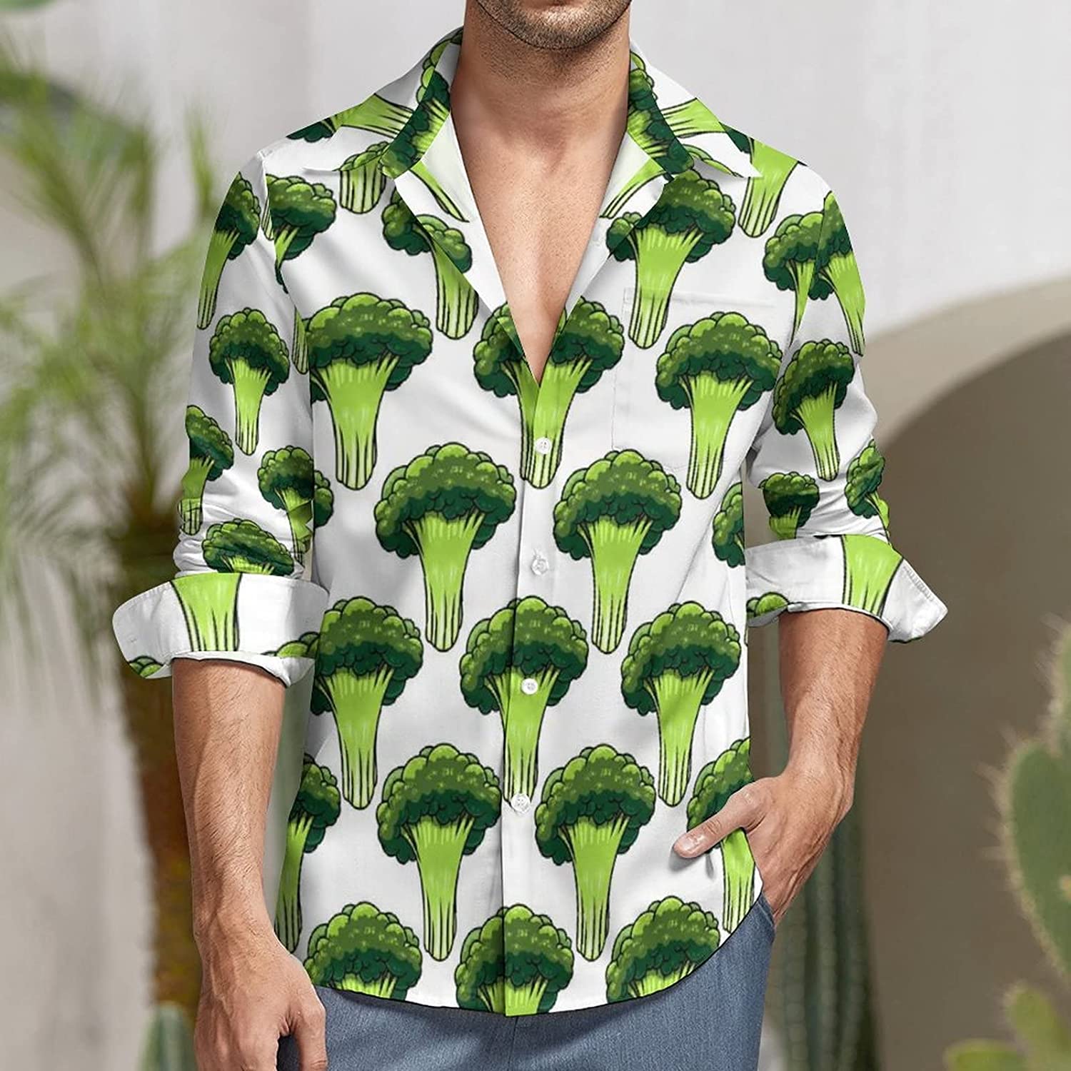 Broccoli Pattern Men's Button Down Shirt Long Sleeve Regular Fit Casual ...