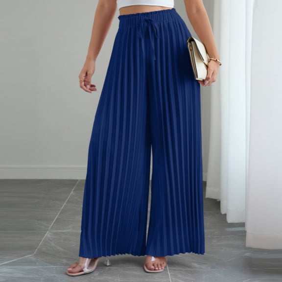 Cagogo Women Wide Leg High Waisted Pleated Casual Lounge Pants Long Trousers Workout Beach Summer Clothes, Blue S