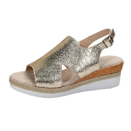 

MIASHUI Womens Sandals Shoes Thick Bottom Slope Heel Open Toe Sandals Shiny Leather Casual Comfortable Sandals Casual Summer Shoes Gold 8.5