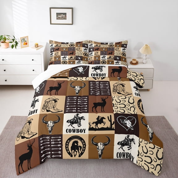 Homewish Teens Western Cowboy Bedding Comforter Set 2pcs,Geometric Plaid Twin Comforter Sets Microfiber,Exotic Style Breathable Bedding Set,Lightweight Room Decor