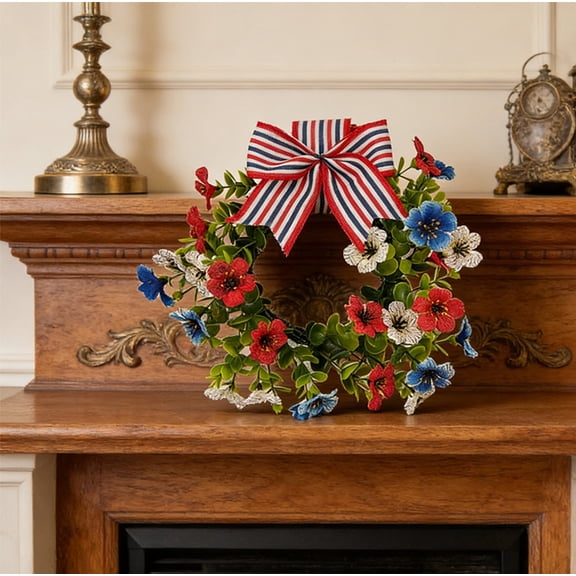 dajkiuy 4th of July Wreaths for Front Door, Artificial Patriotic Wreath with Red White and Blue Flowers for Memorial Day Independence Day Home Decor