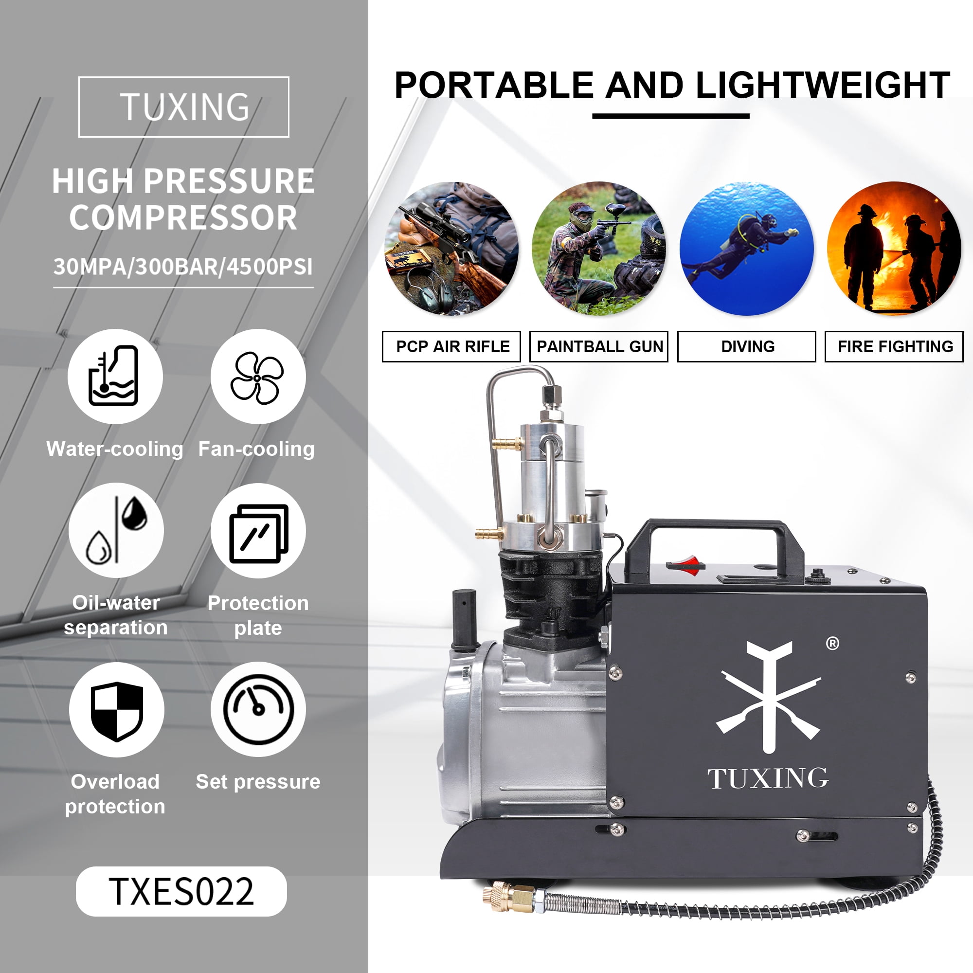 TUXING 4500Psi Pcp Compressor,Adjustable Auto Stop Version,Pcp Air Compressor,High Pressure Pump,Water Cooling Scuba Pump for Pcp Air Rifle, Scuba Tank Charging110V