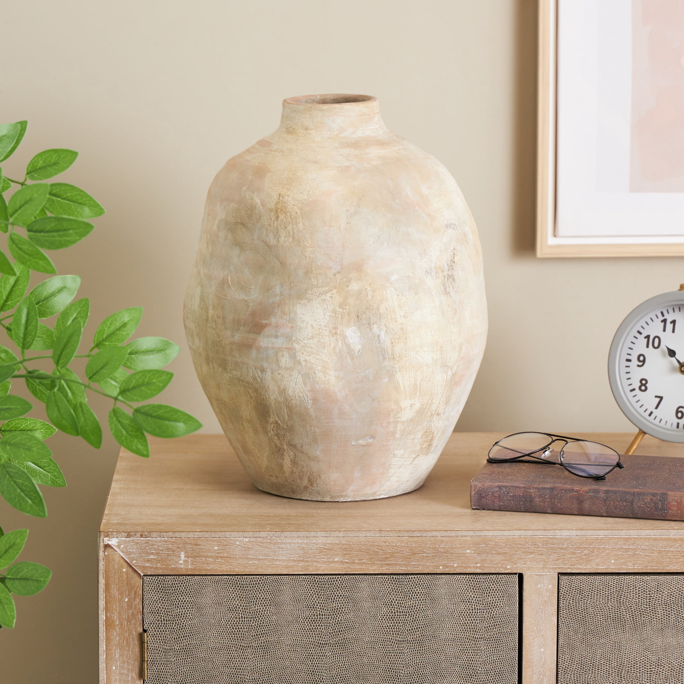 DecMode 14" Antique Wide Beige Ceramic Vase with Shades of Pink